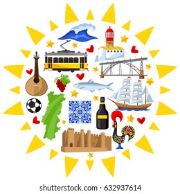 Portugal background design. Portuguese national traditional symbols and objects.