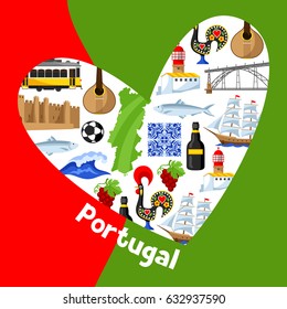 Portugal background design in shape of heart. Portuguese national traditional symbols and objects.