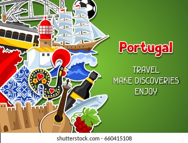 Portugal background with stickers. Portuguese national traditional symbols and objects.