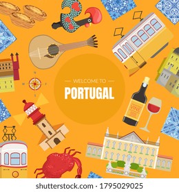Portugal Banner Template, Portuguese Landmarks and National Symbols Seamless Pattern Vector Illustration