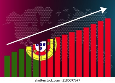 Portugal bar chart graph, increasing values, country statistics concept, Portugal country flag on bar graph, upward rising arrow on data, news banner idea