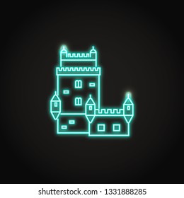 Portugal Belem tower icon in glowing neon style