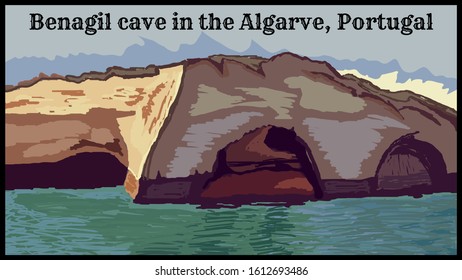 Portugal, Benagil cave in the Algarve. Retro poster, vector art illustration. Top most beautiful  and unique places on earth.