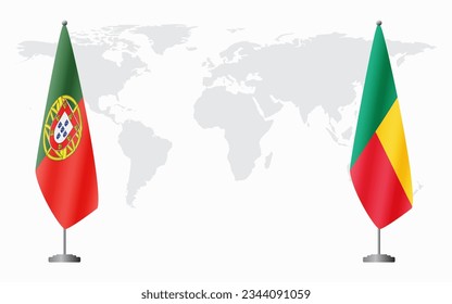Portugal and Benin flags for official meeting against background of world map.