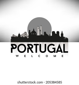 Portugal, Black Skyline Design, vector illustration. Typographic city silhouette