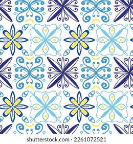 Portugal blue tile pattern. Seamless ornament. Hand drawn curve, floral mosaic. Arabic or azulejo ceramic. Print for textile, wrapping paper, wallpaper design. Oriental decor vector illustration