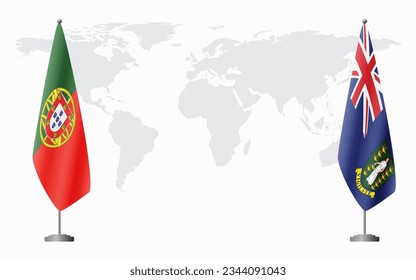 Portugal and British Virgin Islands flags for official meeting against background of world map.