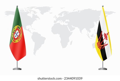 Portugal and Brunei flags for official meeting against background of world map.