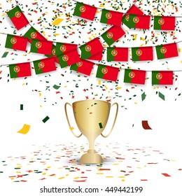 Portugal Bunting flag with soccer winner cup and confetti , concept for soccer champion celebration template in vector illustration