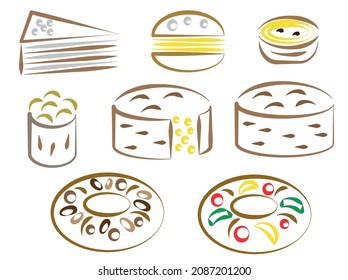 portugal cakes sweets bolo rei rainha arroz pastel de nata pao de lo bolacha maria berlim, rosca de reyes, vector illustration