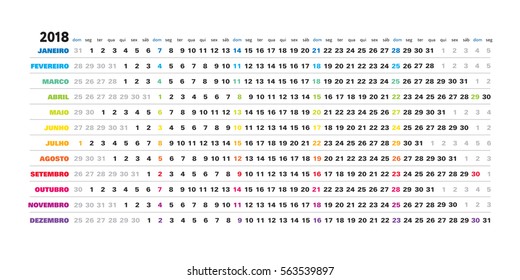 Portugal calendar 2018 - linear simple design, creative horizontal grid with selected sundays