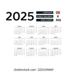 Portugal Calendar 2025. Week starts from Monday. Vector graphic design. Portuguese language.