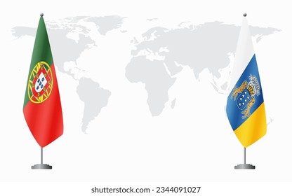 Portugal and Canary Islands flags for official meeting against background of world map.