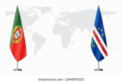 Portugal and Cape Verde flags for official meeting against background of world map.