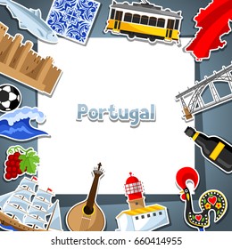 Portugal card with stickers. Portuguese national traditional symbols and objects.