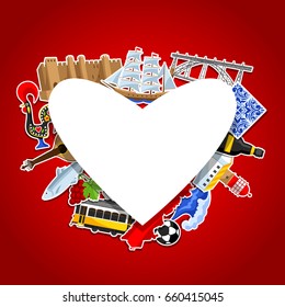 Portugal card with stickers. Portuguese national traditional symbols and objects.