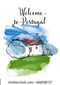 Portugal. Casa de Penedo. Hand drawn watercolor vector background