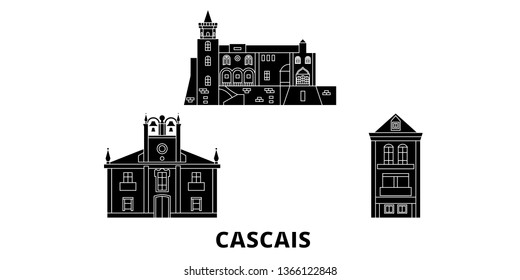 Portugal, Cascais flat travel skyline set. Portugal, Cascais black city vector illustration, symbol, travel sights, landmarks.