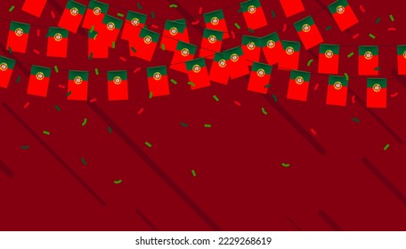 Portugal celebration bunting flags with confetti and ribbons on red background. vector illustration.