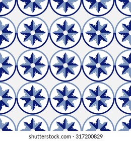 Portugal ceramics snowflake Circle Seamless  Pattern. Vector Background. Regular  Texture