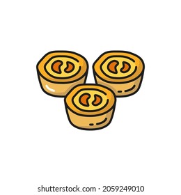 Portugal Chinese Mooncake Isolated Flat Line Icon. Vector Traditional Portugal Cuisine Food, Portuguese National Dish, Pastry Bakery. Cheesecake Dessert, Chinese Moon Cake, Asian Snack Yellow Cakes