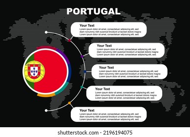 Portugal circle infographic with information text spaces, black background with world map, Portugal circle country flag, presentation graphic idea, info and data template for countries
