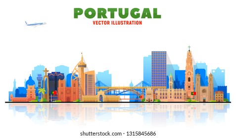 Portugal cities ( Lisbon and Porto) skyline vector illustration at white background. Business travel and tourism concept with famous Portugal landmarks.