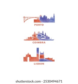 Portugal cities skyline vector logo, icon set. Flat watercolor Lisbon, Porto, Coimbra silhouette. Isolated graphic collection