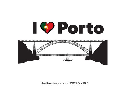 Portugal city Porto horizontal banner. Lettering I love Porto with nacional portuguese flag, love heart and famous Eiffel bridge through Douro.