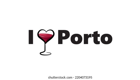 Portugal city Porto horizontal banner. Lettering I love Porto with nacional portuguese flag and love heart.