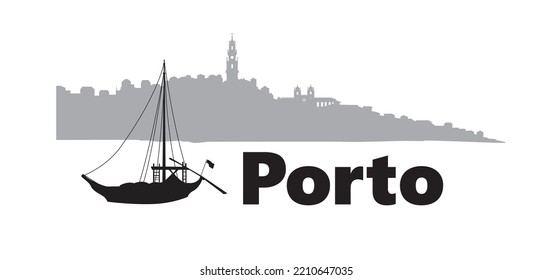 Portugal city Porto horizontal banner. Lettering Porto with traditional portuguese boat and cityscape skyline silhouette