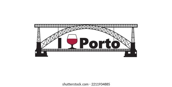 Banner horizontal de la ciudad portuguesa de Porto. Dejando pasar la carta, me encanta Oporto con la tradicional copa de vino porto y la famosa vista frontal del puente Eiffel.