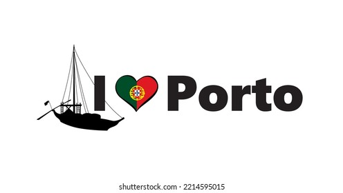 Portugal city Porto horizontal banner. Lettering I love Porto with national portuguese flag, boat and love heart.