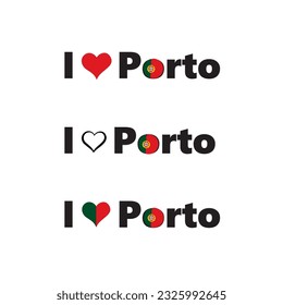 Portugal Stadt Porto horizontalen Banner. Lettern Ich liebe Porto mit nacionaler portugiesischer Flagge und Liebe Herz.