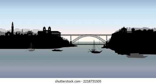 Portugal city Porto panoramic tourist skyline view. Portuguese cityscape with famous bridge thour Douro river 