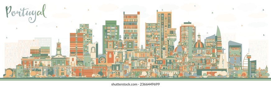 Portugal. City Skyline with Color Buildings. Vector Illustration. Concept with Modern and Historic Architecture. Portugal Cityscape with Landmarks. Porto and Lisbon.