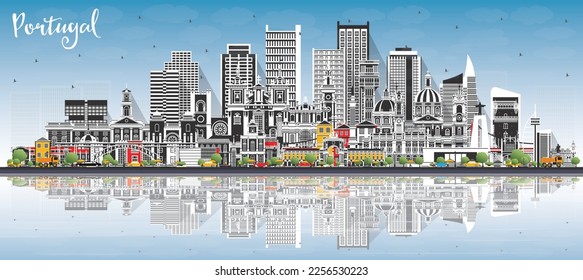 Portugal. City Skyline with Gray Buildings, Blue Sky and Reflections. Vector Illustration. Concept with Modern and Historic Architecture. Portugal Cityscape with Landmarks. Porto and Lisbon.