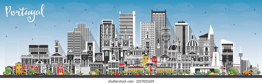 Portugal. City Skyline with Gray Buildings and Blue Sky. Vector Illustration. Concept with Modern and Historic Architecture. Portugal Cityscape with Landmarks. Porto and Lisbon.