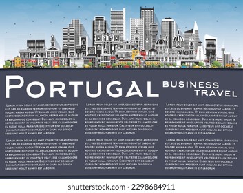 Portugal. City Skyline with Gray Buildings, Blue Sky and Copy Space. Vector Illustration. Concept with Modern and Historic Architecture. Portugal Cityscape with Landmarks. Porto and Lisbon.