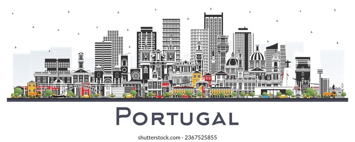 Portugal. City Skyline with Gray Buildings isolated on white. Vector Illustration. Concept with Modern and Historic Architecture. Portugal Cityscape with Landmarks. Porto and Lisbon.