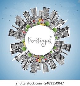 Portugal. City Skyline with Gray Buildings, Blue Sky and Copy Space. Vector Illustration. Concept with Modern and Historic Architecture. Portugal Cityscape with Landmarks. Porto and Lisbon.