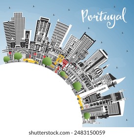 Portugal. City Skyline with Gray Buildings, Blue Sky and Copy Space. Vector Illustration. Concept with Modern and Historic Architecture. Portugal Cityscape with Landmarks. Porto and Lisbon.