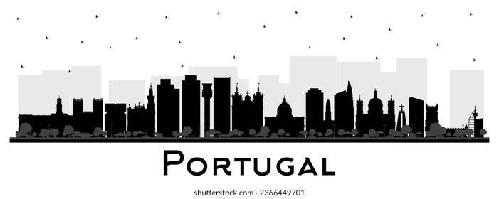 Portugal. City skyline silhouette with black buildings isolated on white. Vector Illustration. Concept with Modern and Historic Architecture. Portugal Cityscape with Landmarks. Porto and Lisbon.