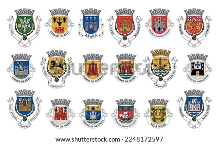 Portugal coat of arms. Portuguese districts heraldic emblems, vector heraldry. Portugal coat of arms of provinces, Portuguese official state symbols with crests, shields and heraldic signs