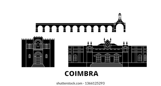 Portugal, Coimbra flat travel skyline set. Portugal, Coimbra black city vector illustration, symbol, travel sights, landmarks.