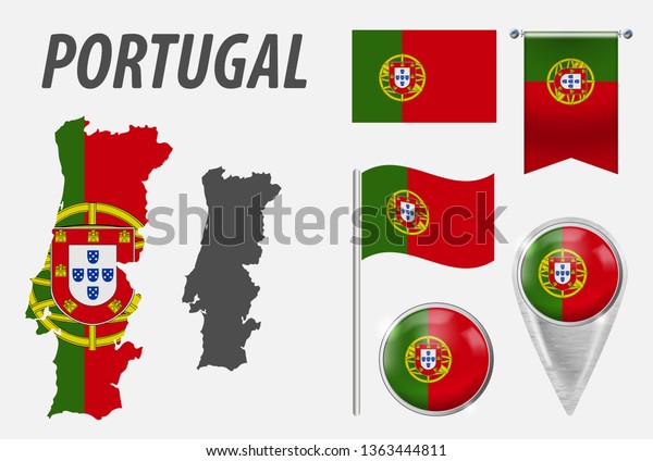 ポルトガル 白い背景にさまざまなオブジェクトの上に国旗の色のシンボルのコレクション 国旗 ポインタ ボタン なびく旗 ぶら下がり旗 詳細なアウトラインマップ 国旗の中に国旗 のベクター画像素材 ロイヤリティフリー