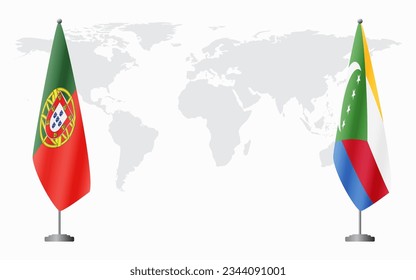 Portugal and Comoros flags for official meeting against background of world map.