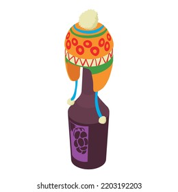 Portugal concept icon isometric vector. Wine bottle and traditional headdress. Portuguese beverage, woolen hat, history, culture