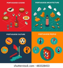 Portugal concept icons set with cuisine and culture symbols isometric isolated vector illustration 