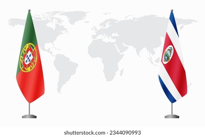 Portugal and Costa Rica flags for official meeting against background of world map.
